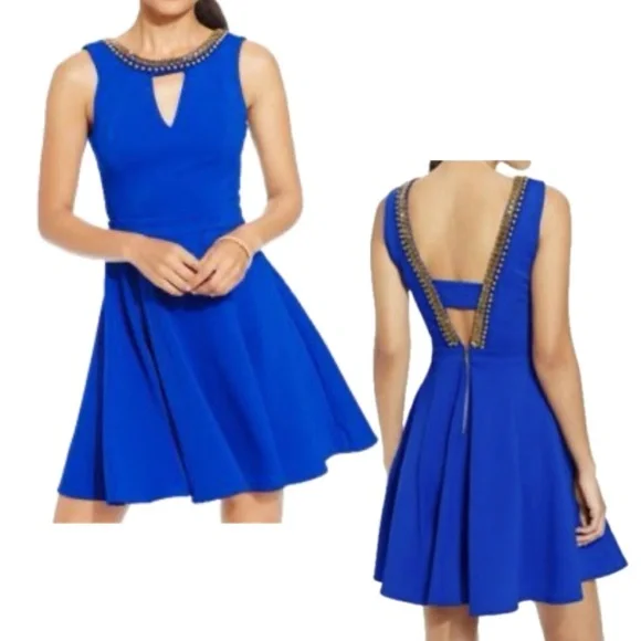 XOXO Fit & Flare, Open Back, Beaded Dress - Blue & Gold - Juniors Sz M (NWOT) - Picture 1 of 9